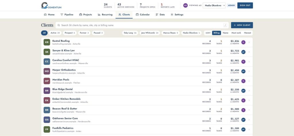 Cosmentum clients sorted by what they bill a month