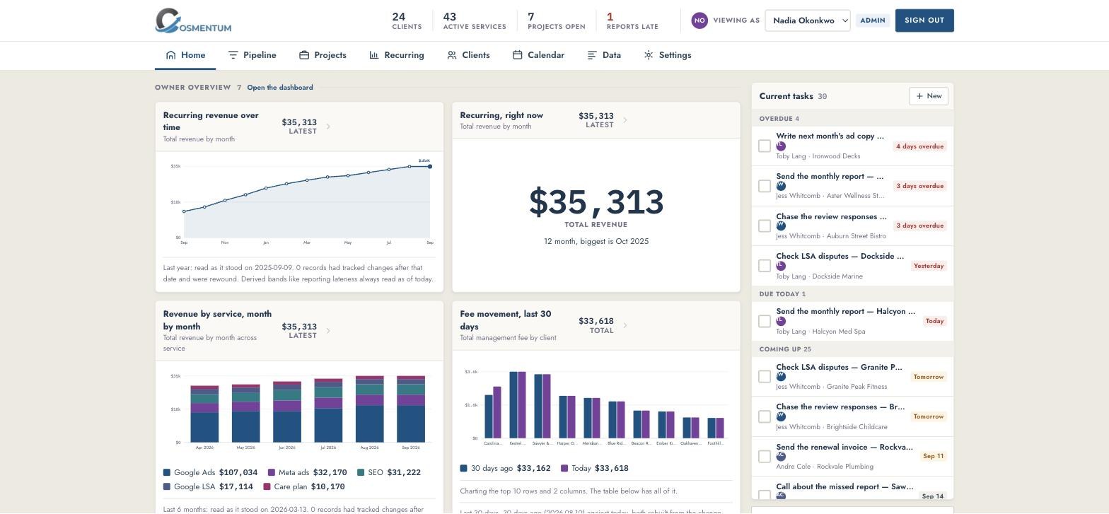 Cosmentum home: recurring revenue, fee movement, who is behind on reporting, and every task due
