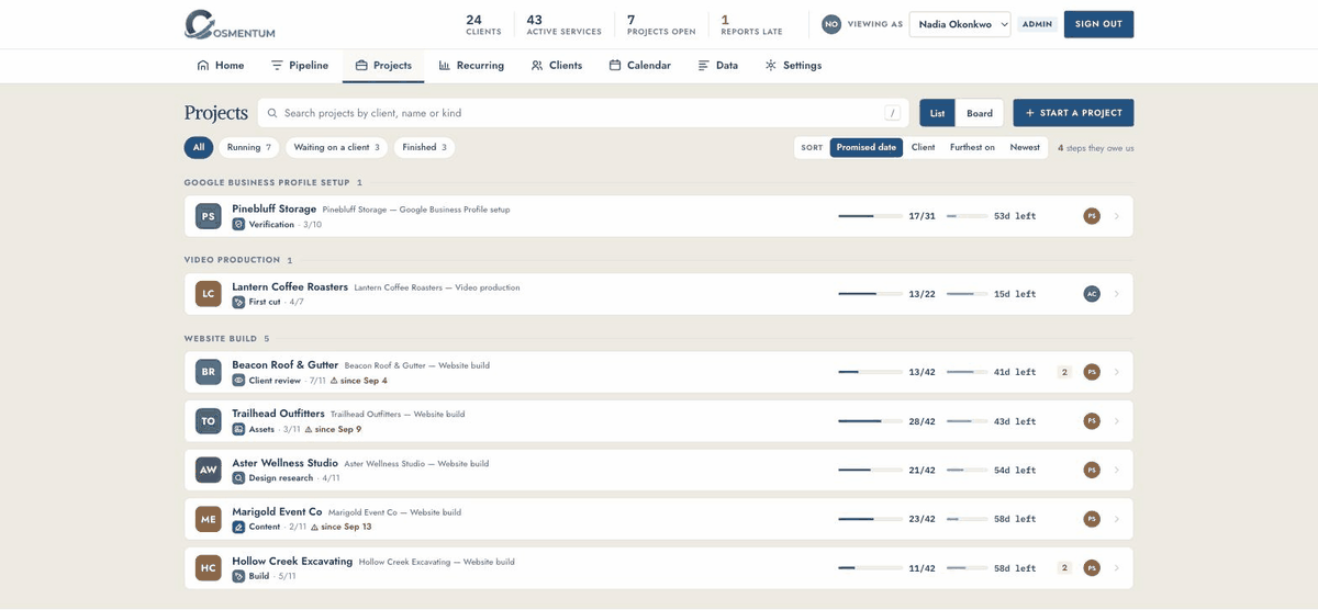 Switching between the projects list, the board and a project record in Cosmentum